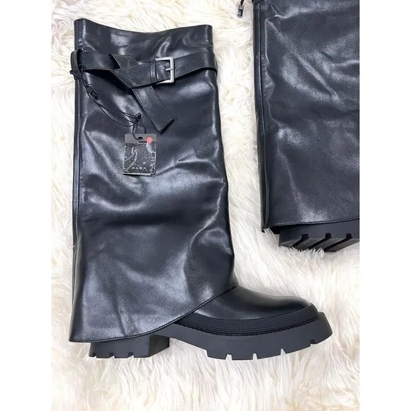 Zara Buckled Knee High Gaiter Boots Black Women US Size 9 EU 40 3830/210