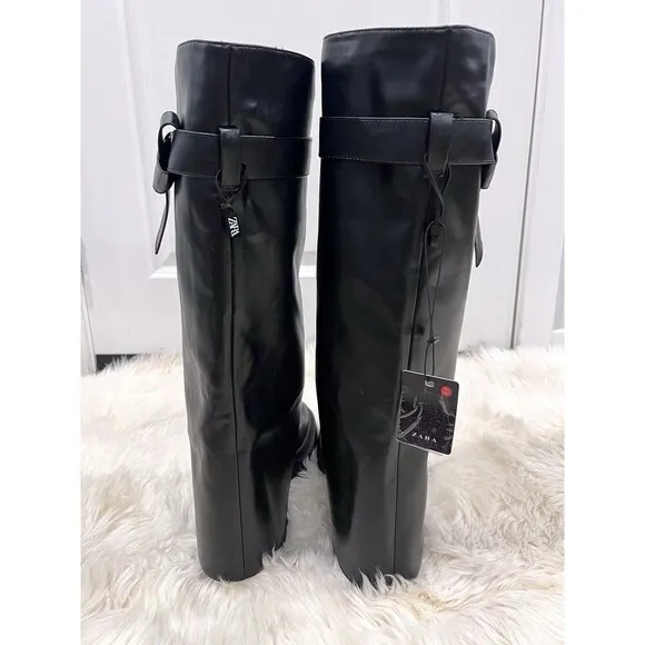Zara Buckled Knee High Gaiter Boots Black Women US Size 9 EU 40 3830/210