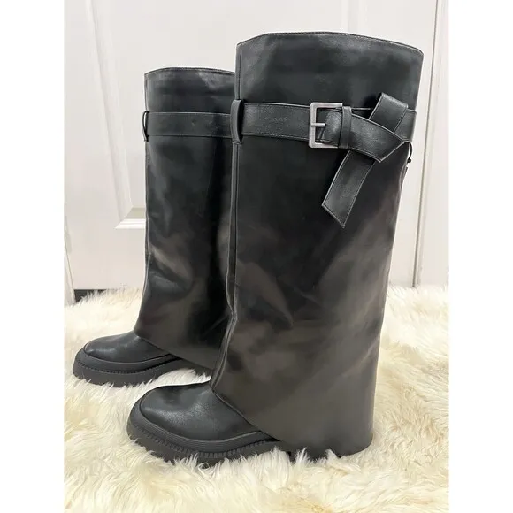 Zara Buckled Knee High Gaiter Boots Black Women US Size 9 EU 40 3830/210