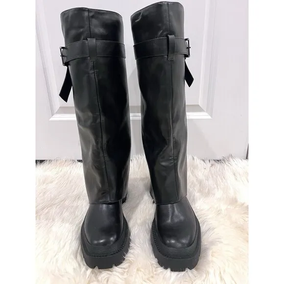 Zara Buckled Knee High Gaiter Boots Black Women US Size 9 EU 40 3830/210