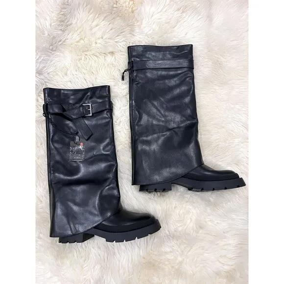 Zara Buckled Knee High Gaiter Boots Black Women US Size 9 EU 40 3830/210