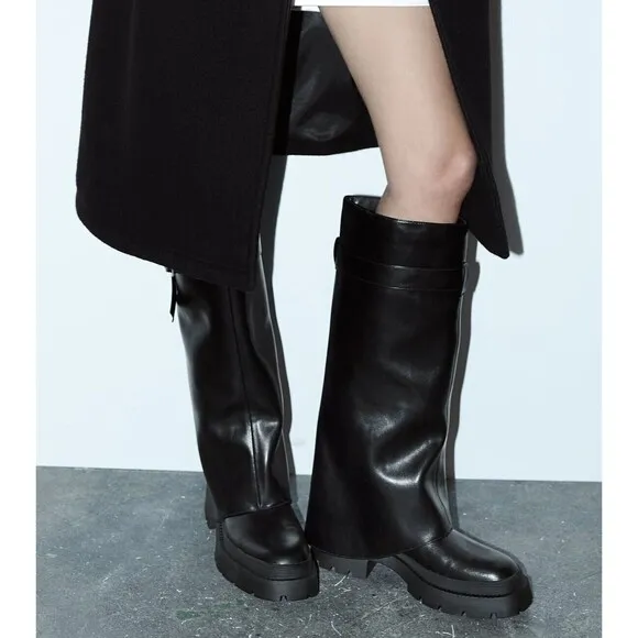 Zara Buckled Knee High Gaiter Boots Black Women US Size 9 EU 40 3830/210