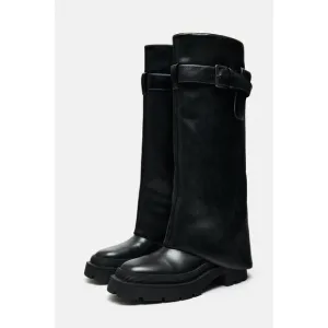 Zara Buckled Knee High Gaiter Boots Black Women US Size 9 EU 40 3830/210
