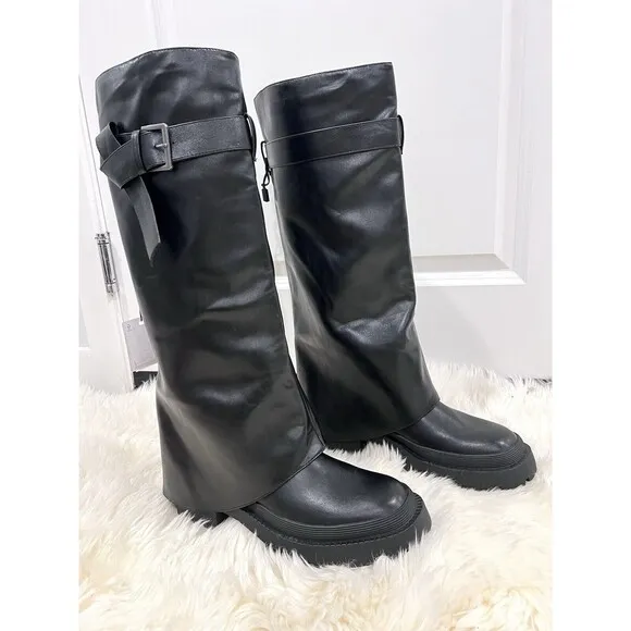 Zara Buckled Knee High Gaiter Boots Black Women US Size 9 EU 40 3830/210