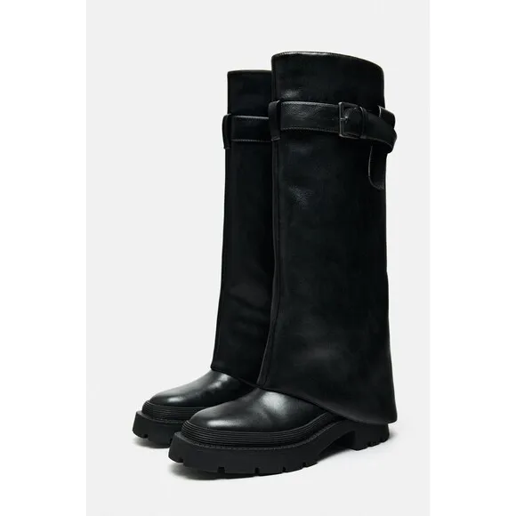 Zara Buckled Knee High Gaiter Boots Black Women US Size 9 EU 40 3830/210