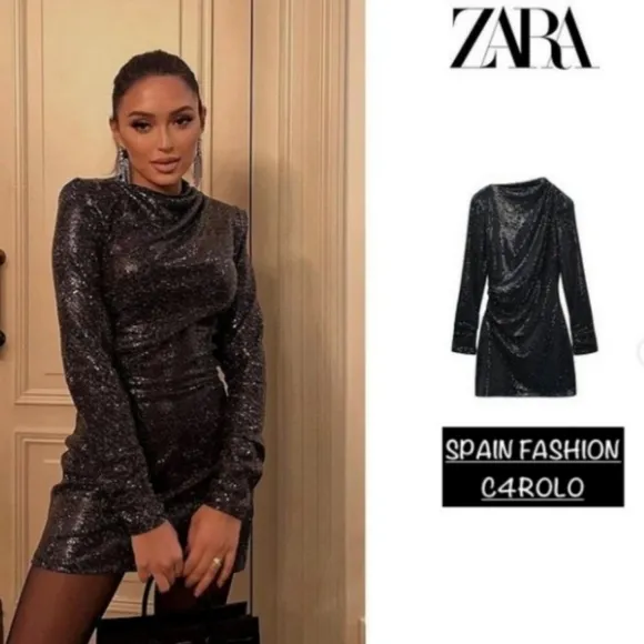 Zara * draped  sequin dress black size M