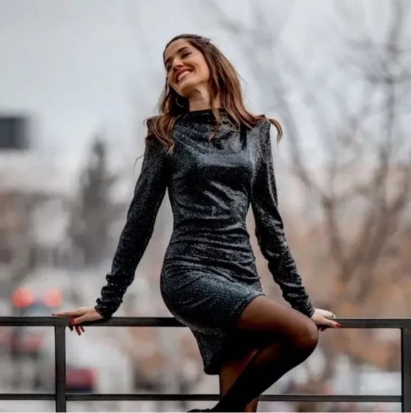 Zara * draped  sequin dress black size M