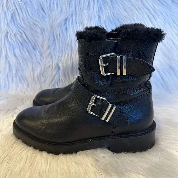 ZARA Moto Boots Leather Faux Fur Lined Buckle Biker Ankle Boots, Black