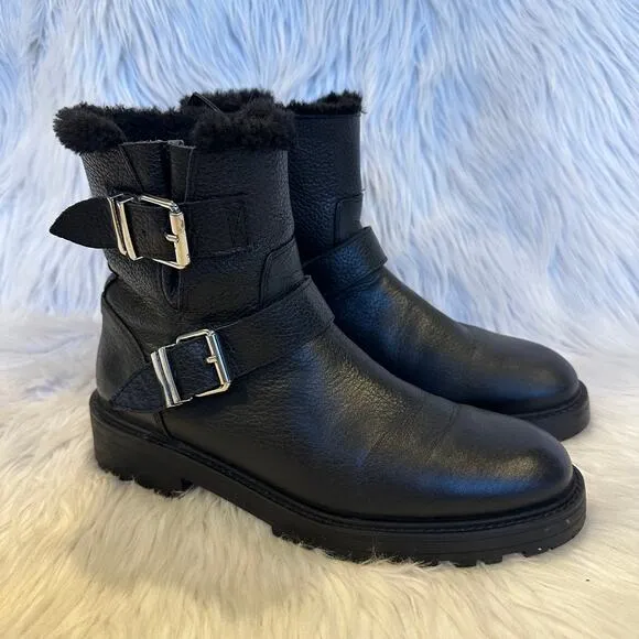 ZARA Moto Boots Leather Faux Fur Lined Buckle Biker Ankle Boots, Black