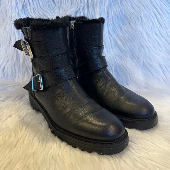 ZARA Moto Boots Leather Faux Fur Lined Buckle Biker Ankle Boots, Black