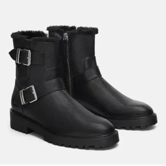 ZARA Moto Boots Leather Faux Fur Lined Buckle Biker Ankle Boots, Black