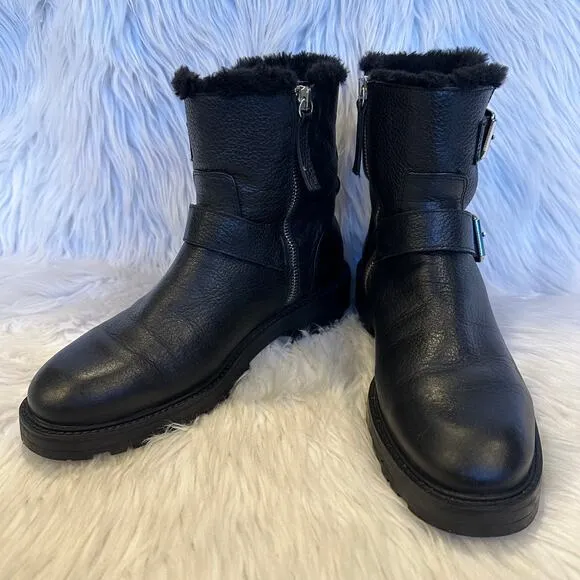 ZARA Moto Boots Leather Faux Fur Lined Buckle Biker Ankle Boots, Black