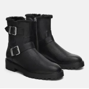 ZARA Moto Boots Leather Faux Fur Lined Buckle Biker Ankle Boots, Black