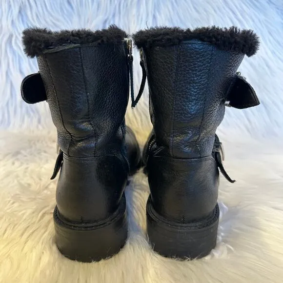 ZARA Moto Boots Leather Faux Fur Lined Buckle Biker Ankle Boots, Black