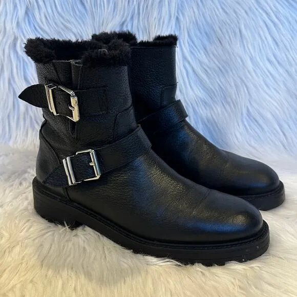 ZARA Moto Boots Leather Faux Fur Lined Buckle Biker Ankle Boots, Black