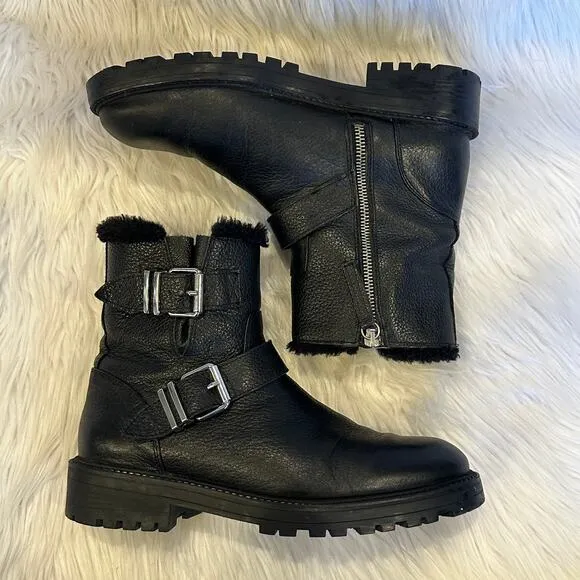 ZARA Moto Boots Leather Faux Fur Lined Buckle Biker Ankle Boots, Black