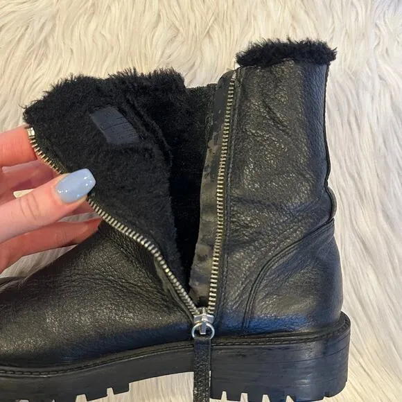 ZARA Moto Boots Leather Faux Fur Lined Buckle Biker Ankle Boots, Black