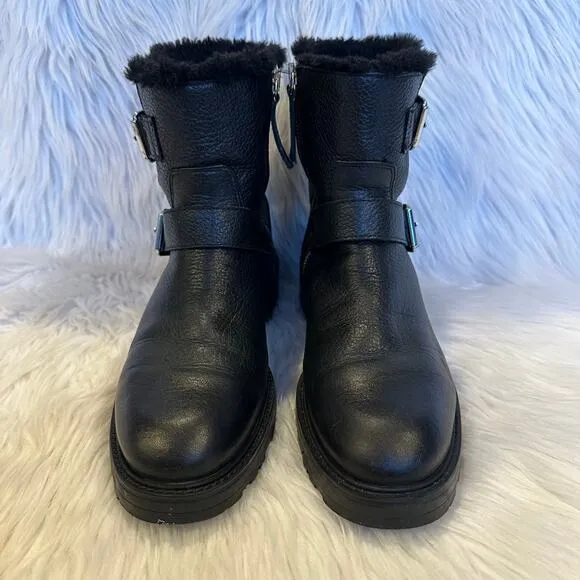 ZARA Moto Boots Leather Faux Fur Lined Buckle Biker Ankle Boots, Black