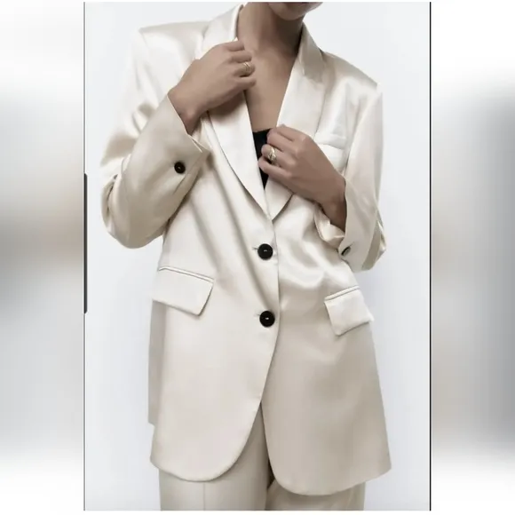 ZARA Oversized Satin Effect Blazer  Cream Size XS S M
