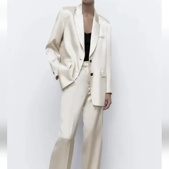ZARA Oversized Satin Effect Blazer  Cream Size XS S M