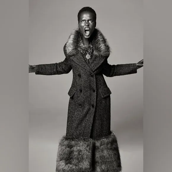 ZARA Studio Collection '21 Limited Edition Coat Faux Fur Herringbone Combination