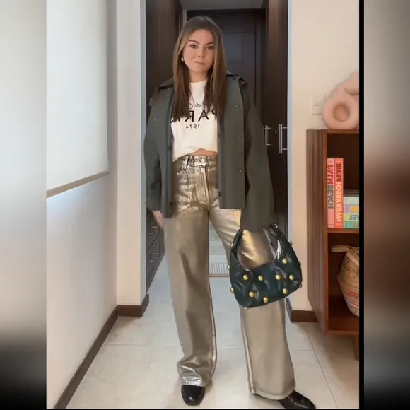 ZARA WIDE METALLIC FOIL JEANS