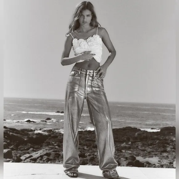 ZARA WIDE METALLIC FOIL JEANS