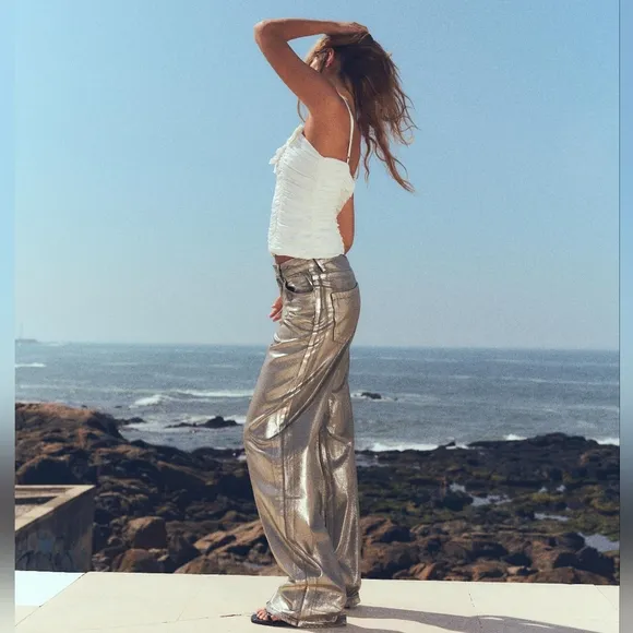 ZARA WIDE METALLIC FOIL JEANS