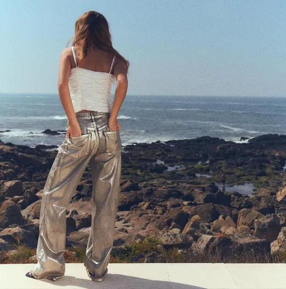 ZARA WIDE METALLIC FOIL JEANS
