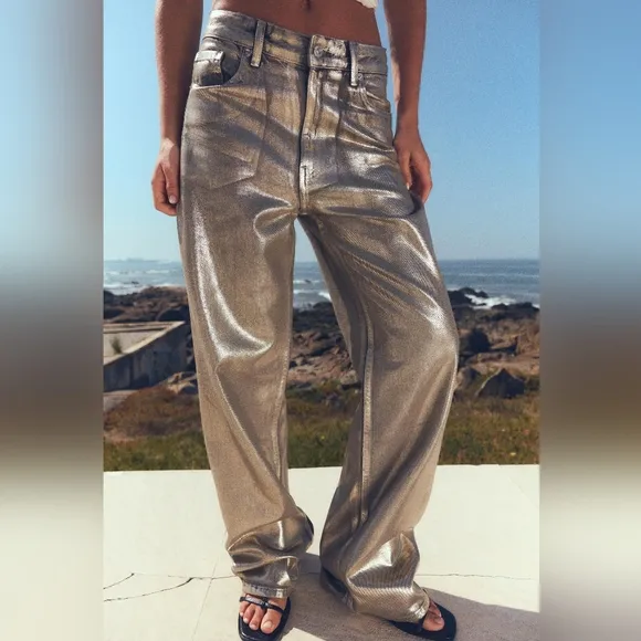 ZARA WIDE METALLIC FOIL JEANS