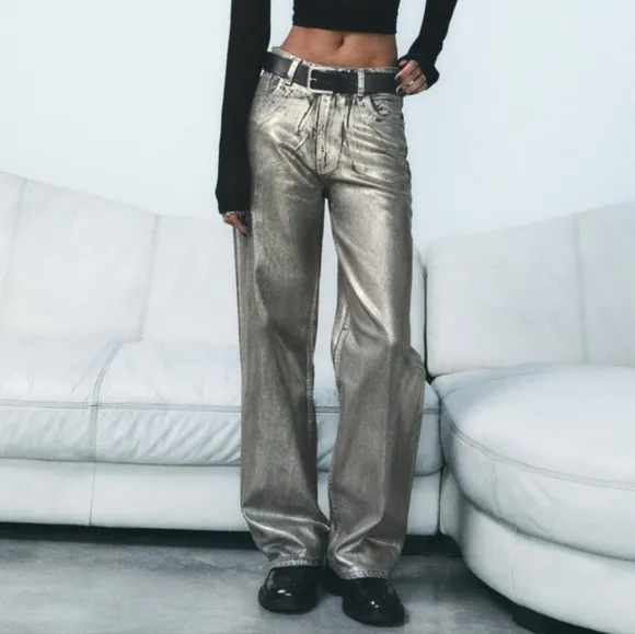 ZARA WIDE METALLIC FOIL JEANS