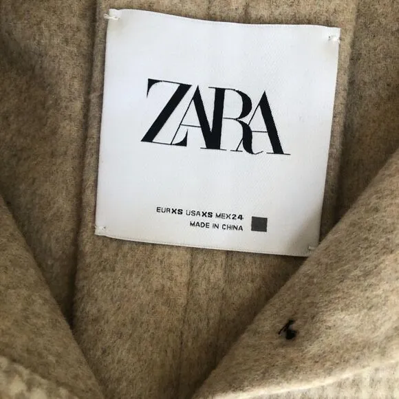 Zara Women Wool Blend Ivory Tan Oversize Button Front Jacket Coat w/Pockets XS
