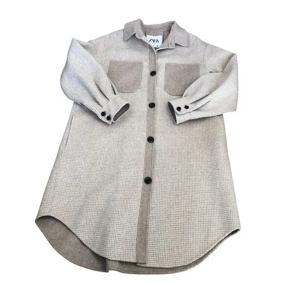 Zara Women Wool Blend Ivory Tan Oversize Button Front Jacket Coat w/Pockets XS