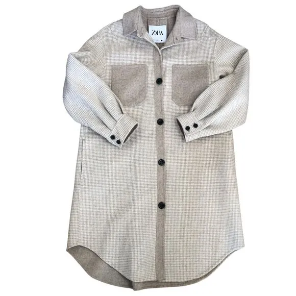 Zara Women Wool Blend Ivory Tan Oversize Button Front Jacket Coat w/Pockets XS