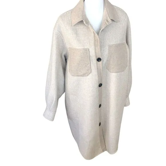 Zara Women Wool Blend Ivory Tan Oversize Button Front Jacket Coat w/Pockets XS