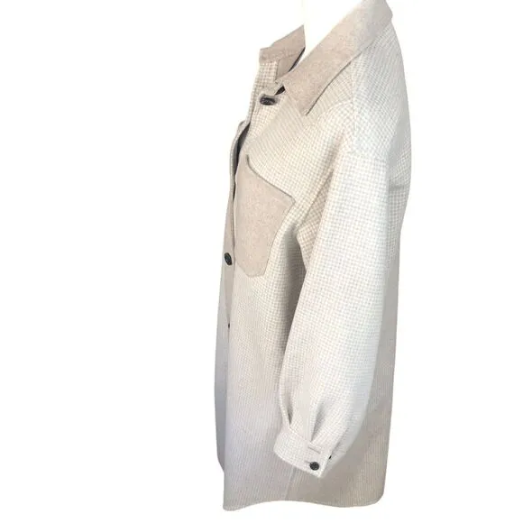 Zara Women Wool Blend Ivory Tan Oversize Button Front Jacket Coat w/Pockets XS