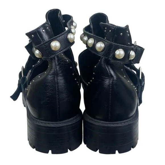 Zara Women’s Black Leather Studded Pearl Embellished Moto Boots Size 38 US 7.5