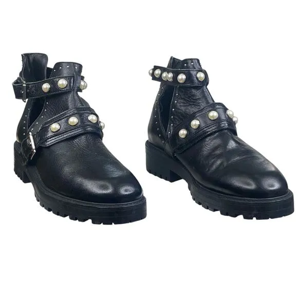 Zara Women’s Black Leather Studded Pearl Embellished Moto Boots Size 38 US 7.5
