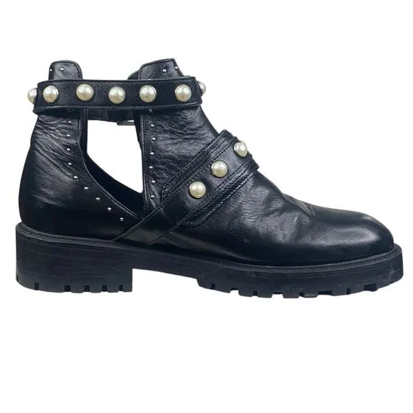 Zara Women’s Black Leather Studded Pearl Embellished Moto Boots Size 38 US 7.5