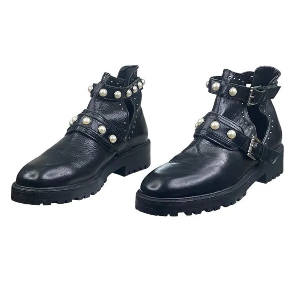 Zara Women’s Black Leather Studded Pearl Embellished Moto Boots Size 38 US 7.5