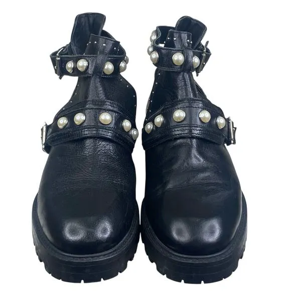 Zara Women’s Black Leather Studded Pearl Embellished Moto Boots Size 38 US 7.5